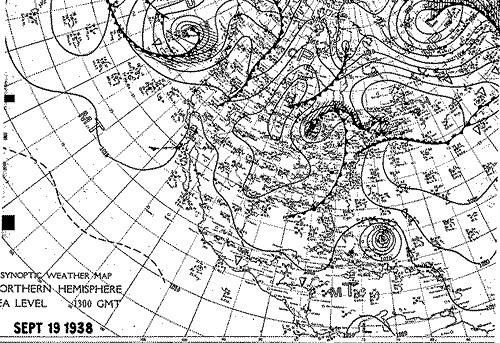 Surface Map for September 19, 1938. The Hurricane east of the Bahamas and had begun recurving north