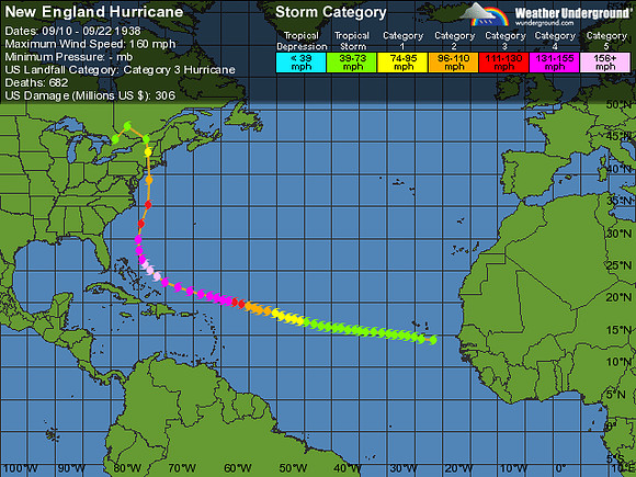 Hurricane 1938 was re-categorized at level 3 upon landfall (not shown in this graphic)