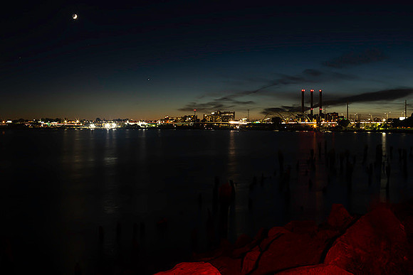 16% cresent moon with jupiter and saturn over India Point Park copyright ronaldzinconephotography