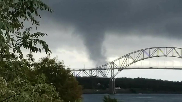 A funnel cloud over the Bourne Bridge on Tuesday afternoon.