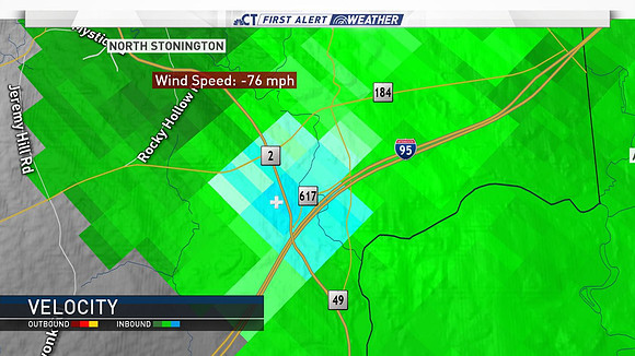 We're hearing there is a ton of damage in North Stonington. Radar was clocking winds over 75 mph at 3,500 ft. These winds were able to mix down to the surface and cause damage.