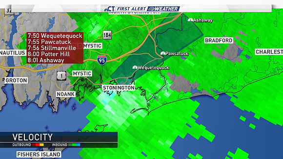 A strong thunderstorm moving through Stonington could produce winds over 45 mph