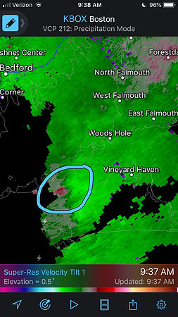 Rotation detected inside the thunderstorm southwest of Woods Hole