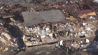 An aerial view of the tornado damage in Conway Monday morning
