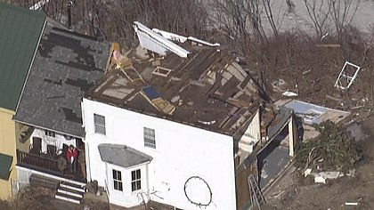 An aerial view of the tornado damage in Conway Monday morning
