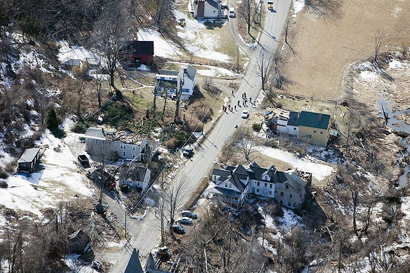 A view of the destruction left after and EF1 tornado ripped through Conway, Massachusetts on Feb. 25, 2017