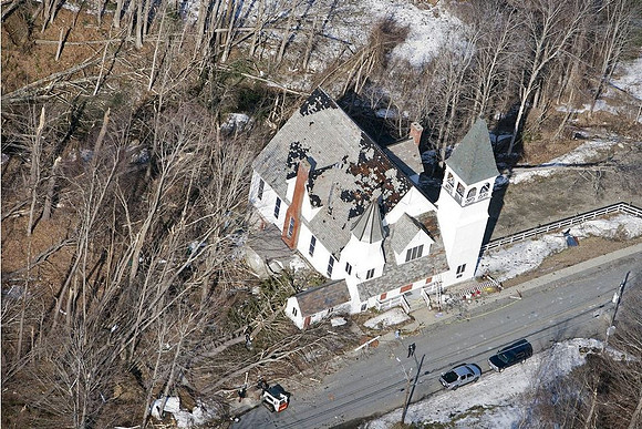 A view of the destruction left after and EF1 tornado ripped through Conway, Massachusetts on Feb. 25, 2017
