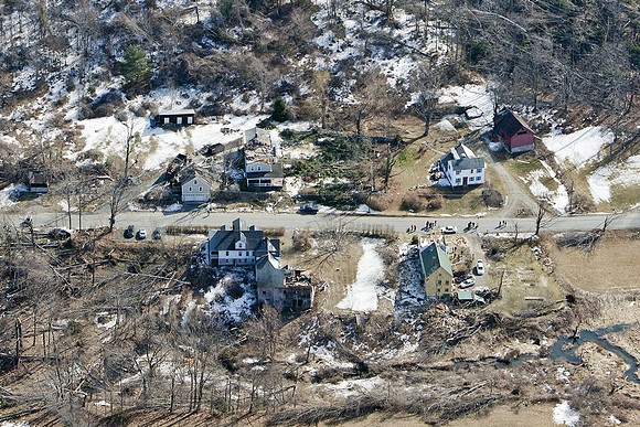 A view of the destruction left after and EF1 tornado ripped through Conway, Massachusetts on Feb. 25, 2017