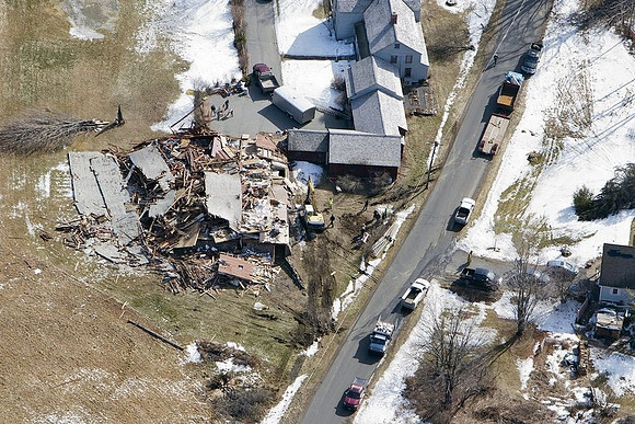 A view of the destruction left after and EF1 tornado ripped through Conway, Massachusetts on Feb. 25, 2017