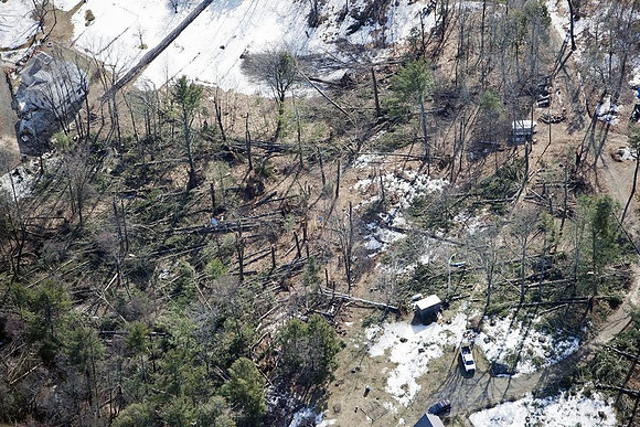 A view of the destruction left after and EF1 tornado ripped through Conway, Massachusetts on Feb. 25, 2017