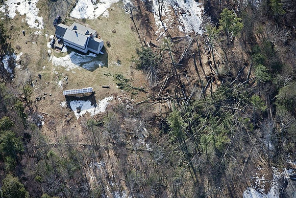 A view of the destruction left after and EF1 tornado ripped through Conway, Massachusetts on Feb. 25, 2017