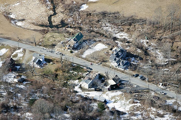 A view of the destruction left after and EF1 tornado ripped through Conway, Massachusetts on Feb. 25, 2017