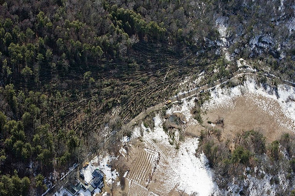 A view of the destruction left after and EF1 tornado ripped through Conway, Massachusetts on Feb. 25, 2017