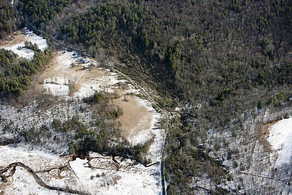 A view of the destruction left after and EF1 tornado ripped through Conway, Massachusetts on Feb. 25, 2017