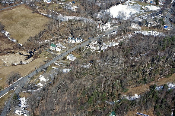 A view of the destruction left after and EF1 tornado ripped through Conway, Massachusetts on Feb. 25, 2017
