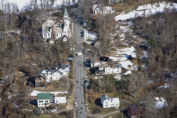 A view of the destruction left after and EF1 tornado ripped through Conway, Massachusetts on Feb. 25, 2017
