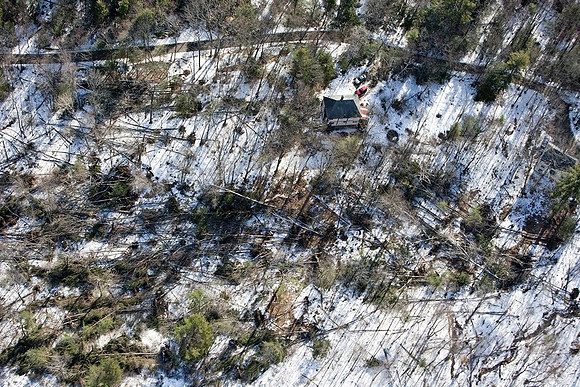 A view of the destruction left after and EF1 tornado ripped through Conway, Massachusetts on Feb. 25, 2017