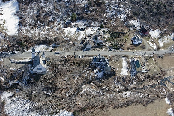 A view of the destruction left after and EF1 tornado ripped through Conway, Massachusetts on Feb. 25, 2017