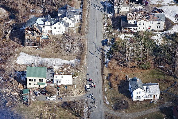 A view of the destruction left after and EF1 tornado ripped through Conway, Massachusetts on Feb. 25, 2017
