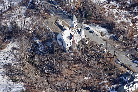 A view of the destruction left after and EF1 tornado ripped through Conway, Massachusetts on Feb. 25, 2017