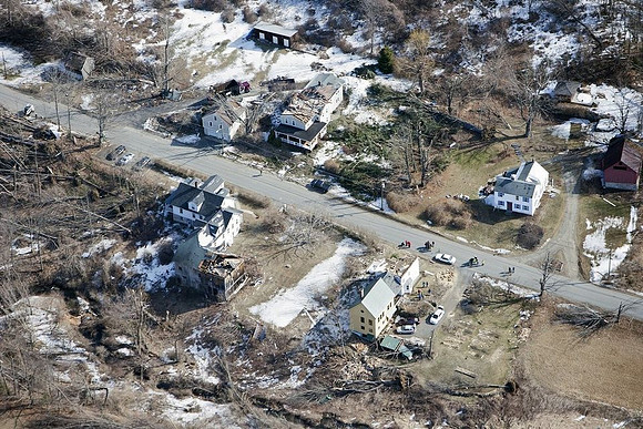 A view of the destruction left after and EF1 tornado ripped through Conway, Massachusetts on Feb. 25, 2017
