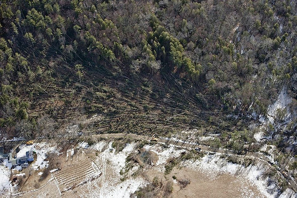 A view of the destruction left after and EF1 tornado ripped through Conway, Massachusetts on Feb. 25, 2017