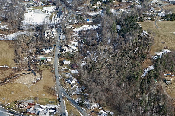 A view of the destruction left after and EF1 tornado ripped through Conway, Massachusetts on Feb. 25, 2017