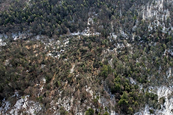 A view of the destruction left after and EF1 tornado ripped through Conway, Massachusetts on Feb. 25, 2017