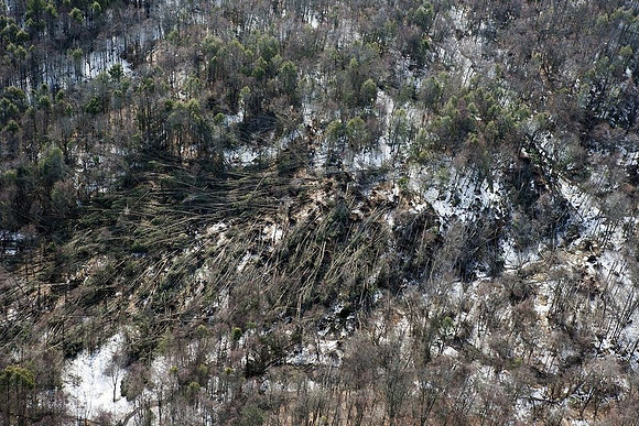 A view of the destruction left after and EF1 tornado ripped through Conway, Massachusetts on Feb. 25, 2017