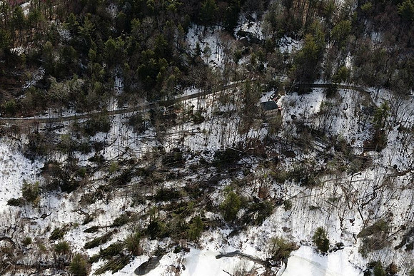 A view of the destruction left after and EF1 tornado ripped through Conway, Massachusetts on Feb. 25, 2017