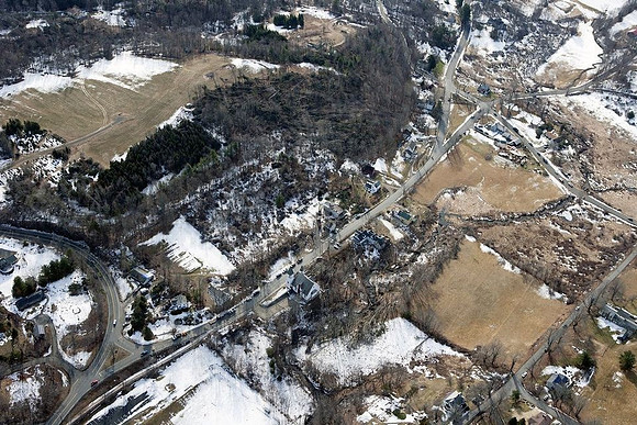A view of the destruction left after and EF1 tornado ripped through Conway, Massachusetts on Feb. 25, 2017