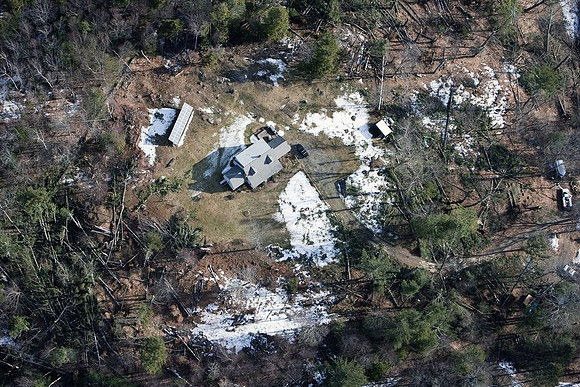 A view of the destruction left after and EF1 tornado ripped through Conway, Massachusetts on Feb. 25, 2017