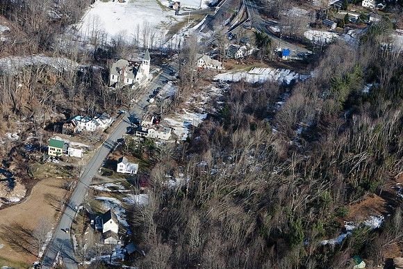 A view of the destruction left after and EF1 tornado ripped through Conway, Massachusetts on Feb. 25, 2017