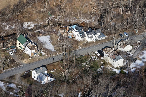 A view of the destruction left after and EF1 tornado ripped through Conway, Massachusetts on Feb. 25, 2017