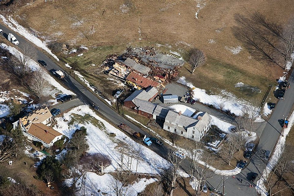 A view of the destruction left after and EF1 tornado ripped through Conway, Massachusetts on Feb. 25, 2017