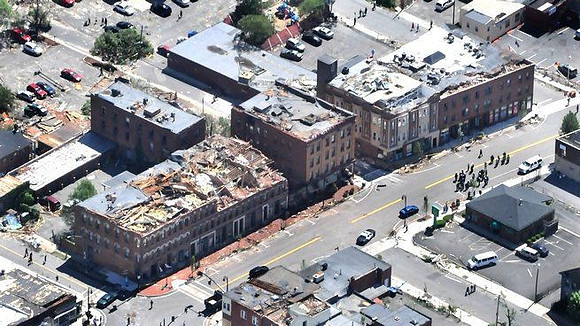Main Street businesses damaged by the tornado late Wednesday afternoon.