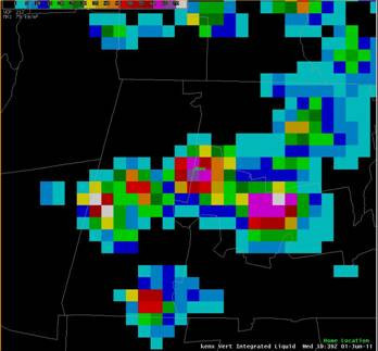 Radar Vertically Integrated Liquid (VIL) and radar Echo Tops, showing the extreme values of VIL suggesting damaging hail, and Echo Tops between 50, 000 and 60, 000 feet.