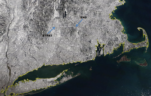 The weather satellite clearly depicts the scar that the tornado left just north of the Connecticut border. The 1/2 mile wide tornado tore apart forests and neighborhoods and today the damage to the tr