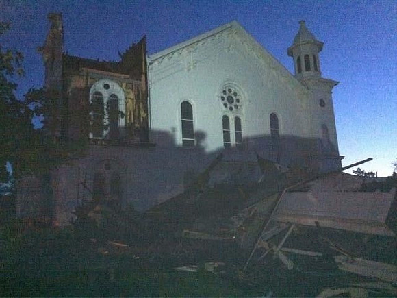 A damaged church in Monson