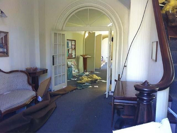 Damage inside the First Church of Monson