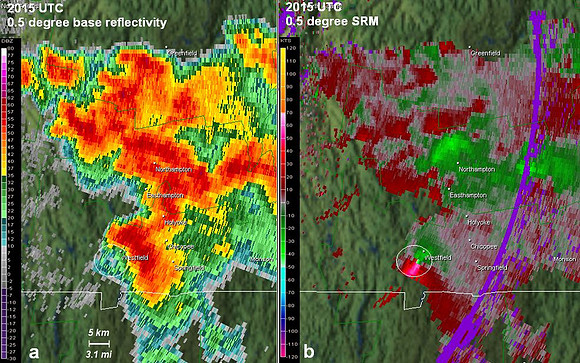 Circle denotes location of strong low-level mesocyclone near the time of tornadogenesis in Westfield, MA.