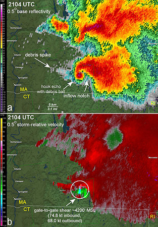 a) base reflectivity and b) storm relative velocity at 2104 UTC 1 June 2011, around time of tornado peak intensity near Brimfield, MA. Circle denotes location of strong mesocyclone