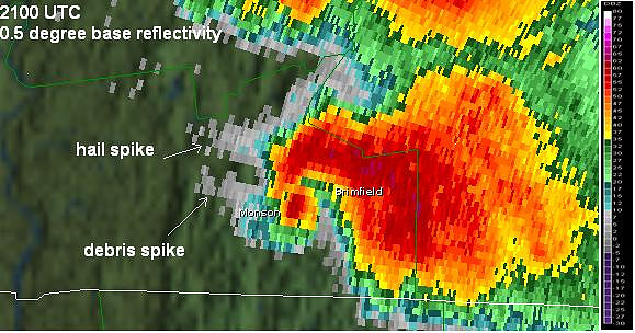 Base reflectivity at 2100 UTC 1 June 2011 showing concurrent hail and debris spikes.