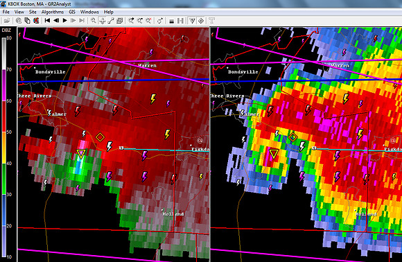 Taunton Storm Relative Velocity and 0.5 deg. Base Reflectivity