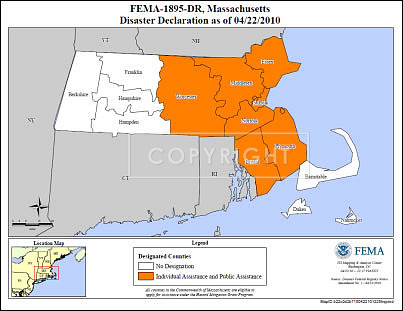 FEMA map indicating Massachusetts counties included in a Disaster Declaration as a result of the March 2010 floods