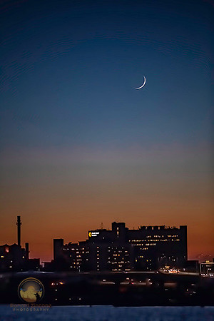 Thin Crescent Moon over RI Hospital 2018 copyright ronaldzinconephotography