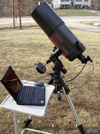 Outside setup of Celestron C8, webcam and laptop