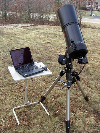 Outside setup of Celestron C8 SCT, webcam and laptop
