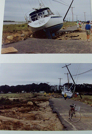 These images of sail and power craft tossed onto the Mashnee Dike during Hurricane Bob