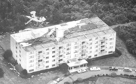 Admiralty Apartments in Falmouth, Massachusetts after section of roof blew off